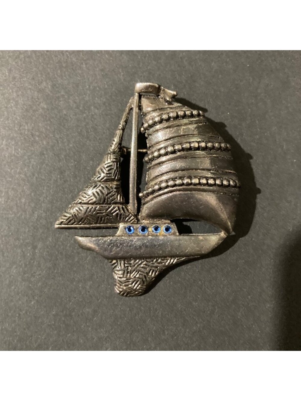 Vintage Silver-Tone Ship Sailboat Nautical Brooch With Blue Rhinestones